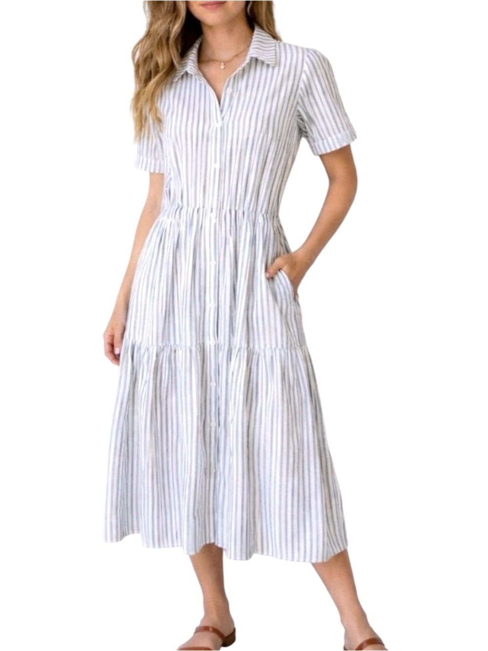 Evereve Ella Striped Tiered Shirt Dress Size XL Button Front White Black Cotton